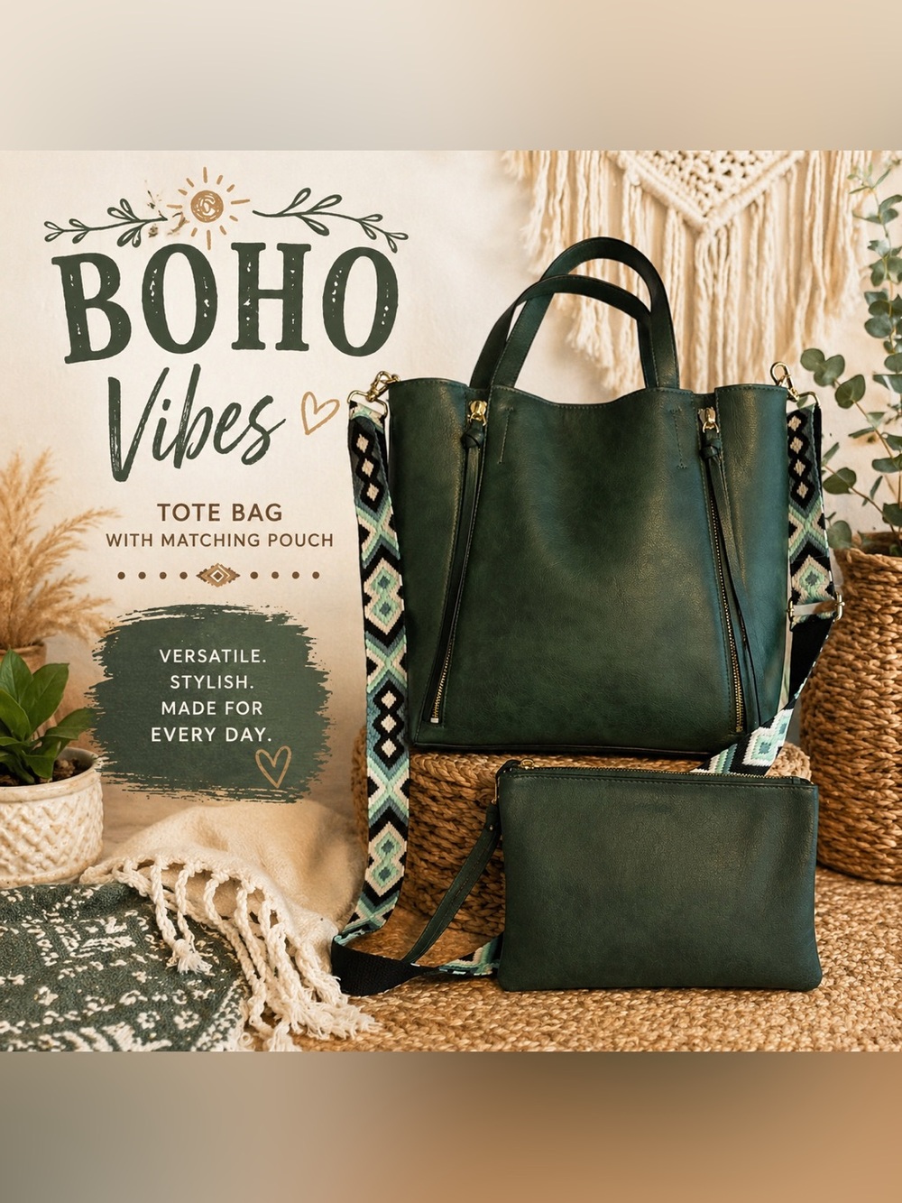 Trouvé Forest Green Tote Bag with Boho Strap & Matching Zip Pouch